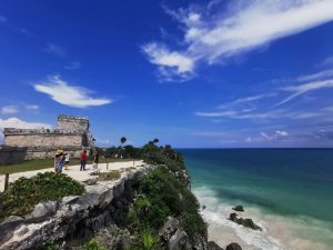 View of the ancient Mayan ruins overlooking the Caribbean Sea in Tulum, Mexico.