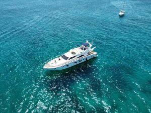 aerial view of a modern yacht anchored in the Riviera Maya