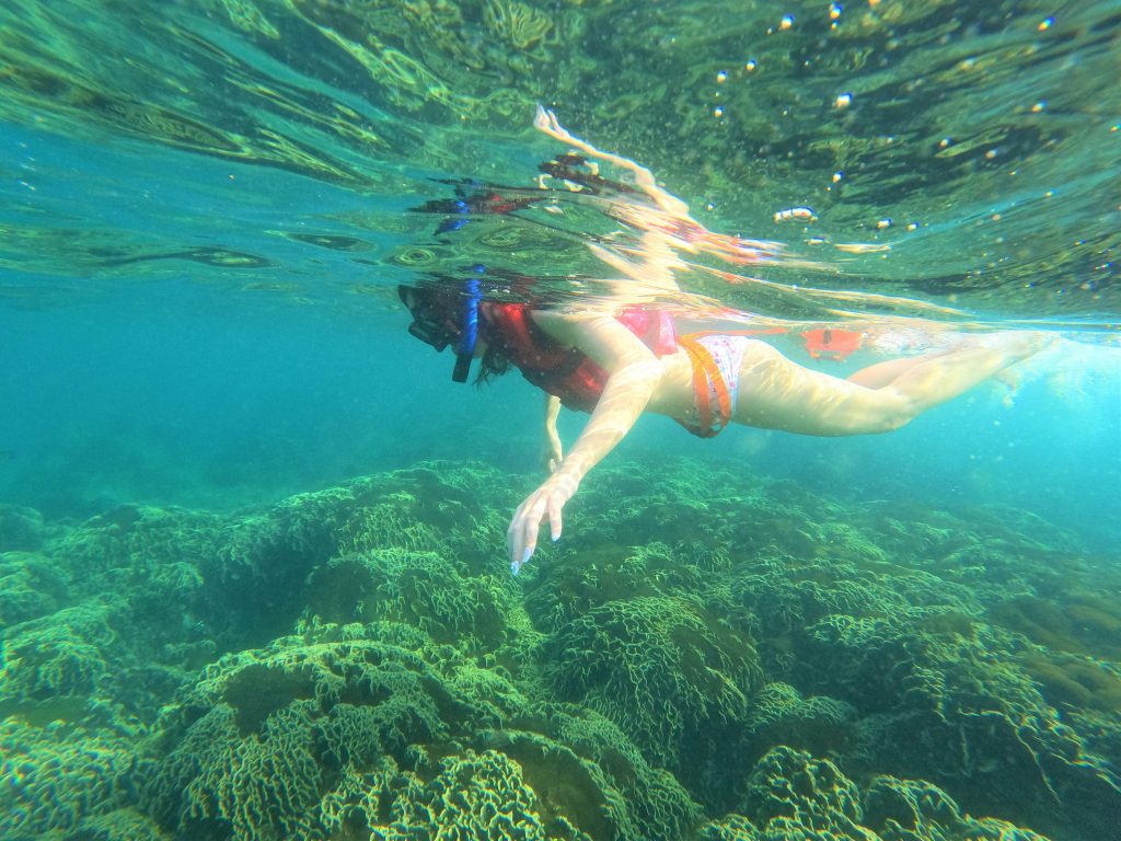 Snorkeler floating above coral reef in clear turquoise water near Tulum, Mexico.