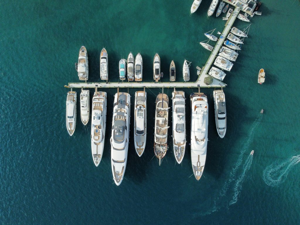 Aerial view of yachts and boats docked at a marina