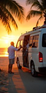 A man standing on the beach at sunrise helps a woman step out of a white camper van parked near the shoreline, with palm trees overhead and the ocean glowing in the background.